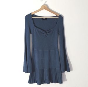 Cider Blue Shimmer Ribbed Long sleeve Pleated Skirt Mini Sweater Dress